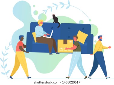 Loaders carrying cardboard boxes and sofa with man and cat sitting on it, vector flat style design illustration. Moving house, relocation service concept for web banner, website page etc.