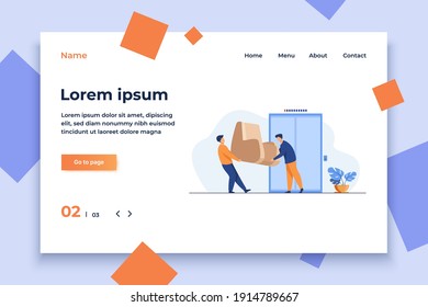 Loaders carrying furniture during moving. Two men holding armchair at elevator flat vector illustration. New home, relocation, moving service concept for banner, website design or landing web page