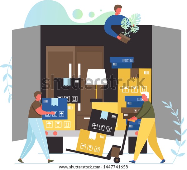 Loaders loading cardboard\
boxes and furniture into truck, vector flat style design\
illustration. Moving home, services of movers concept for web\
banner, website page\
etc.