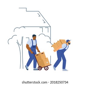 Loaders or movers men holding and carrying furniture, flat vector illustration isolated on white background. Moving, relocation and shipping services workers.