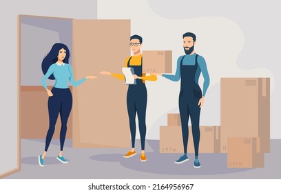 The loaders pass the boxes to the girl. The courier checks the list. Home delivery.