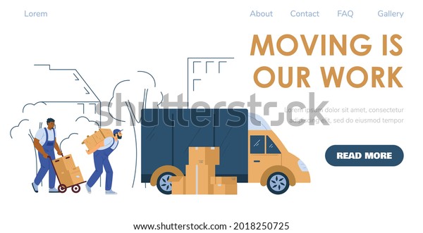 Loaders or porters\
services for house or office moving and relocation. Advertising web\
banner or webpage for shipping and delivery company, flat vector\
illustration.
