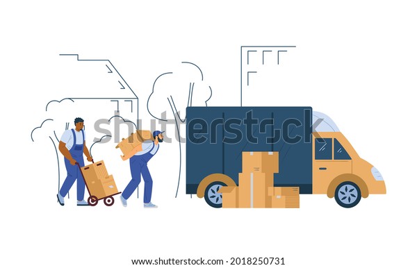 Loaders or porters unloading truck with\
furniture, flat vector illustration isolated on white background.\
Moving company, heavers and loading\
services.