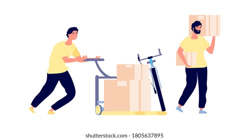 Loaders service. Men hold boxes, smart cargo transportation. Flat isolated delivery man working vector illustration