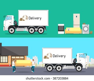 Loaders are sofa in a truck for the move. Furniture awaiting loading. Transportation and Logistics. Vector illustration