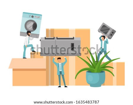 Loaders team with cardboard boxes. Movers with household appliances vector illustration. Moving and delivery company concept