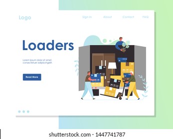 Loaders vector website template, web page and landing page design for website and mobile site development. Moving home, services of movers concept.