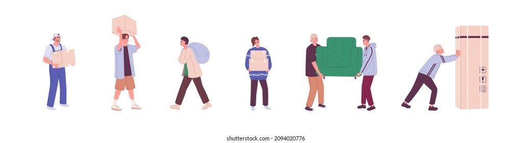 Loaders workers set. Couriers carrying and pushing cardboard boxes, parcels, bags and furniture. People delivering, loading and moving goods. Flat vector illustrations isolated on white background