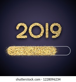 Cargando la tarjeta festiva creativa de Año Nuevo 2019 con barra de progreso brillante. Fondo vectorial.