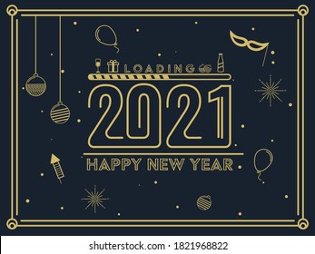 Carga 2021 Feliz Año Nuevo en el fondo azul del Teal Decorado con Balones colgantes, Globos y fuegos artificiales.