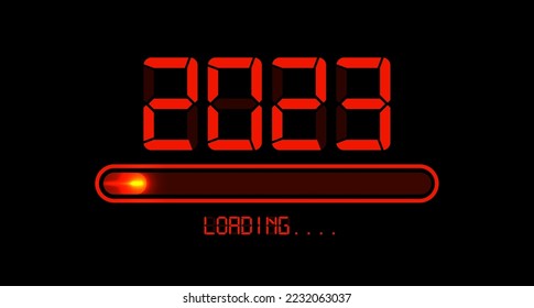 Loading to up 2023 Happy new year. Red led neon digital time style. Progress bar almost reaching new year eve. Vector illustration with display 2023 loading isolated or black background