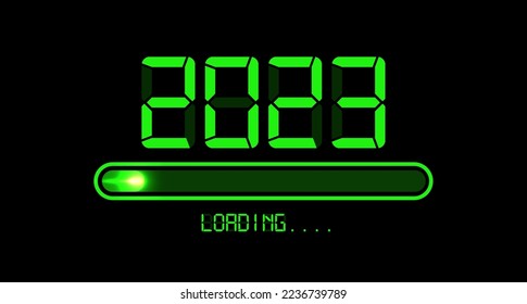 Loading to up 2023 Happy new year. Green led neon digital time style. Progress bar almost reaching new year eve. Vector illustration with display 2023 loading isolated or black background