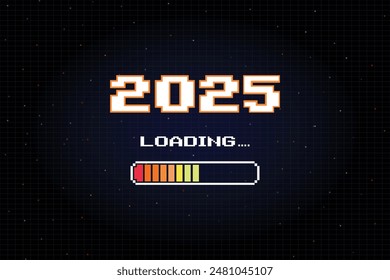 LOADING 2025 .pixel art .8 bit. retro game. for game assets in vector illustrations. Retro Futurism Sci-Fi Background. glowing neon grid and star from vintage arcade computer games