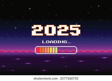 LOADING 2025. pixel art. 8 bit. retro game. for game assets in vector illustrations. Retro Futurism Sci-Fi Background. glowing neon grid and star from vintage arcade computer games