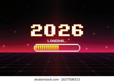 LOADING 2026. pixel art. 8 bit. retro game. for game assets in vector illustrations. Retro Futurism Sci-Fi Background. glowing neon grid and star from vintage arcade computer games