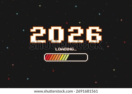LOADING 2026. pixel art. 8 bit. Retro Futurism Sci-Fi Background. glowing neon grid and star from vintage arcade computer games