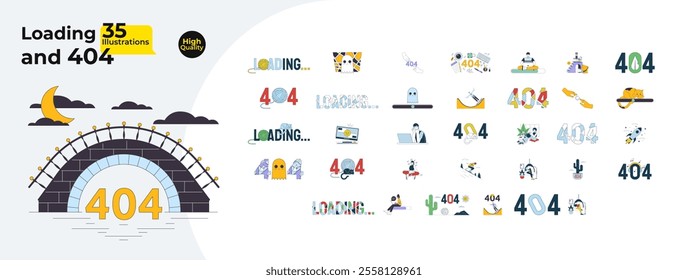 Loading and 404 error cartoon flat illustrations mega bundle. Thread ball cat, cute ghost, abstract 2D images isolated on white. Diverse people leisure lifestyle collection vector drawings colorful