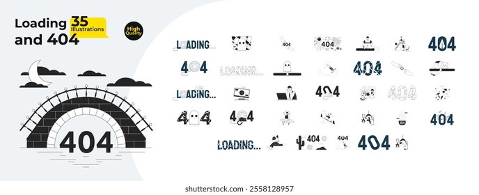 Loading and 404 error outline illustrations mega bundle. Thread ball cat, cute ghost, abstract 2D linear images isolated. Diverse people leisure lifestyle collection black and white vector drawings