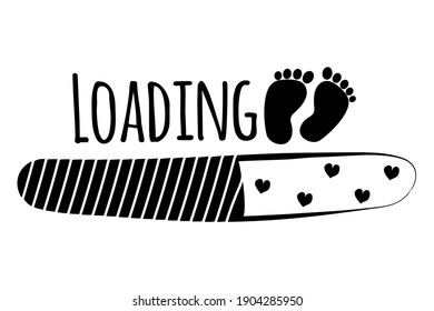 Loading with baby footprint and hearts, cute greeting with coming soon newborn for pregnant mother. Monochrome print, poster isolated on white background.