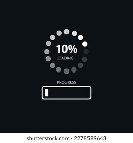 Barra de carga al 10%, precargador web sobre fondo oscuro. Actualizar o descargar progreso, icono de diagrama de barras de progreso, diseño plano de tecnología.