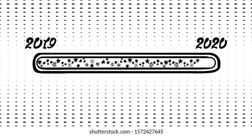 Loading bar 2019 2020. Snowy horizontal black and white background in pop art style isolated on white.Vector christmas banner with thermometer.Doodle style.Hand drawn lettering.Download. Blackboard.