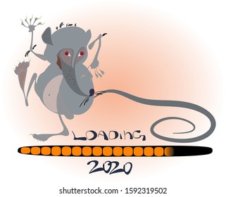 Loading bar 2020. Happy New Year. Greeting card with a funny rat in a flat cartoon style. EPS10 vector illustration. 
