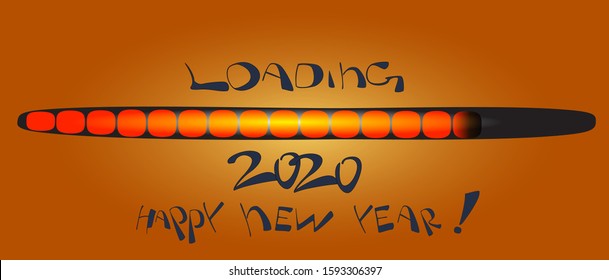 Loading bar 2020. Happy New Year. 
Congratulation on an orange background. Greeting card in a flat cartoon style. EPS10 vector illustration.