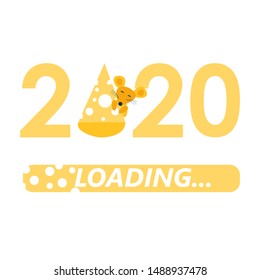 Loading bar 2020. New Year loading. Funny cute Mouse, rat and cheese slice. Greeting card. Template brochures, flyers. Vector illustration in a flat cartoon style.
