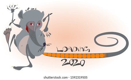 Loading bar 2020. New Year's greetings. Holiday card. Funny rat with a long tail in a flat cartoon style. EPS10 vector illustration.