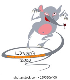 Loading bar 2020. New Year's greetings. Holiday card. Angry rat jumping a long tail in a flat cartoon style. EPS10 vector illustration.