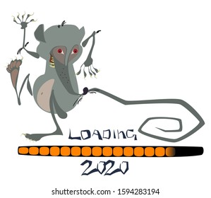 Loading bar 2020. New Year's greetings. Holiday card in a flat cartoon style. Funny rat with a long tail on white background. EPS10 vector illustration.