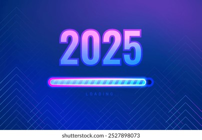 Сhristmas loading bar 2025 in futuristic digital style on blue purple background. New year invitation card - night neon modern geometric style