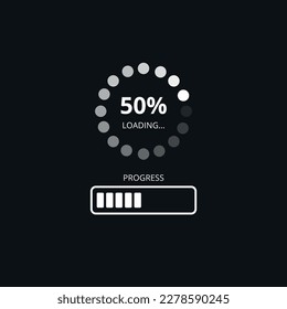 Loading bar at 50%, web preloader on dark background. Update or download progress, progress bar diagram icon, technology flat design.