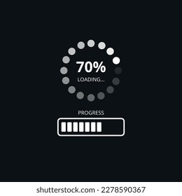 Barra de carga al 70%, precargador web sobre fondo oscuro. Actualizar o descargar progreso, icono de diagrama de barras de progreso, diseño plano de tecnología.