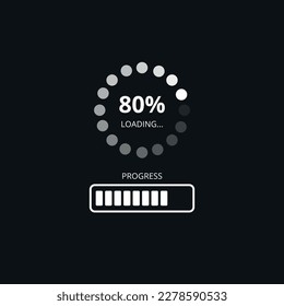Loading bar at 80%, web preloader on dark background. Update or download progress, progress bar diagram icon, technology flat design.