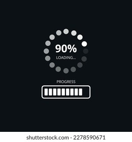 Barra de carga al 90%, precargador web sobre fondo oscuro. Actualizar o descargar progreso, icono de diagrama de barras de progreso, diseño plano de tecnología.