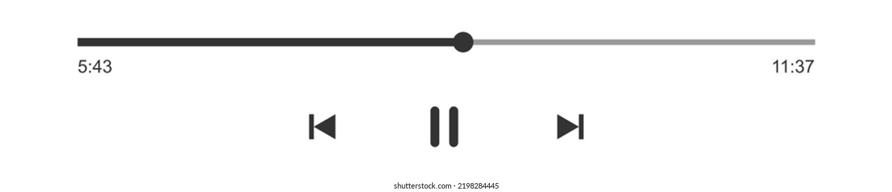 Loading Bar Of Audio Or Video Player With Progress Slider, Minutes Timer, Pause, Rewind And Fast Forward Buttons. Outline Template Of Media Player Playback Panel Interface. Vector Graphic Illustration