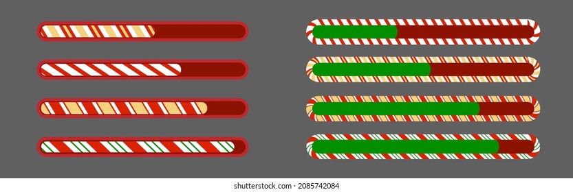 Loading bar Christmas candy cane. Set vector isolated, flat design.