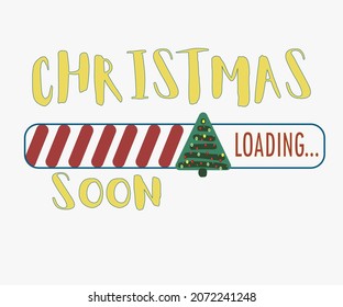 loading bar with christmas tree and christmas lettering, christmas eve, holiday waiting illustration in sketchy style.