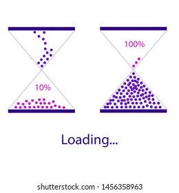 loading bar concept as colorful sandglasses in progress. Sandglass full  on ten and hundred percent. Colorful vector illustration 