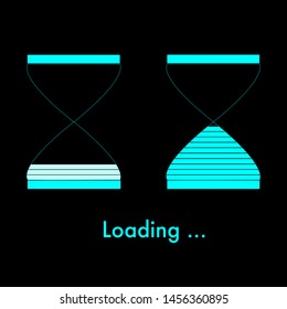loading bar concept as colorful sandglasses in progress. blue neon sandglass full  and empty  on black background . Colorful vector illustration 
