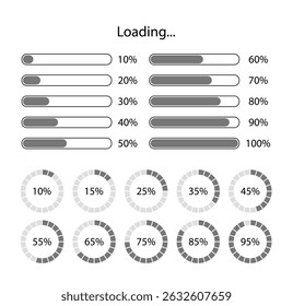 Loading bar. Countdown with line and circle pattern progress. Download banner. Vector illustration. Set of count down graphs with percent.