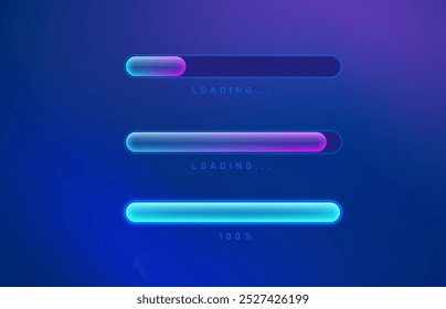 Loading bar digital holographic style with light effect. Loader indicator elements in cyber tech style blue-purple color