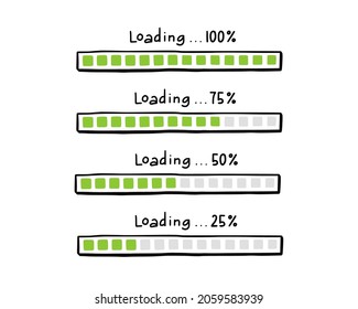 Loading bar doodle element set. Hand drawn line sketch style. Slow download speed, progress status, internet load bar concept. Isolated vector illustration.