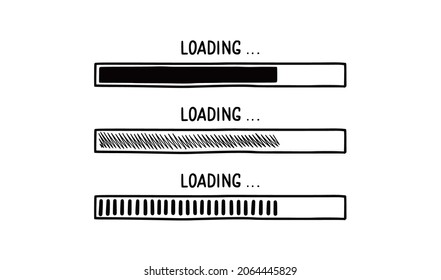 Loading bar doodle element set. Hand drawn line sketch style. Slow download speed, progress status, internet load bar concept. Isolated vector illustration.