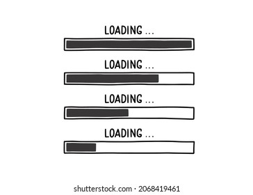 Loading bar doodle element set. Hand drawn line sketch style. Slow download speed, progress status, internet load bar concept. Isolated vector illustration.