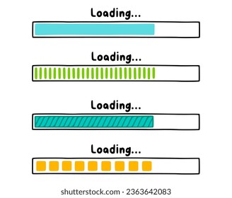 Loading bar doodle element set. Hand drawn line sketch style. Vector illustration. Download speed, progress status, internet load bar.