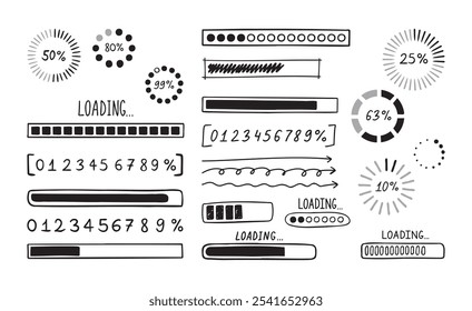 Carregando conjunto de doodles de barra. Estilo de esboço de carregamento de linha de elemento desenhado à mão. Velocidade de download isolada lenta, status de progresso e conceito de barra de carga da Internet. . Ilustração vetorial