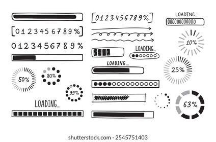 Carregando conjunto de doodles de barra. Estilo de esboço de carregamento de linha de elemento desenhado à mão. Velocidade de download isolada lenta, status de progresso e conceito de barra de carga da Internet. . Ilustração vetorial