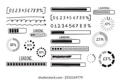 Doodle-Satz für die Ladeleiste. Skizzenstil zum Laden einer handgezeichneten Elementlinie. Langsame, isolierte Download-Geschwindigkeit, Fortschrittsstatus und Ladebalkenkonzept im Internet. . Vektorgrafik